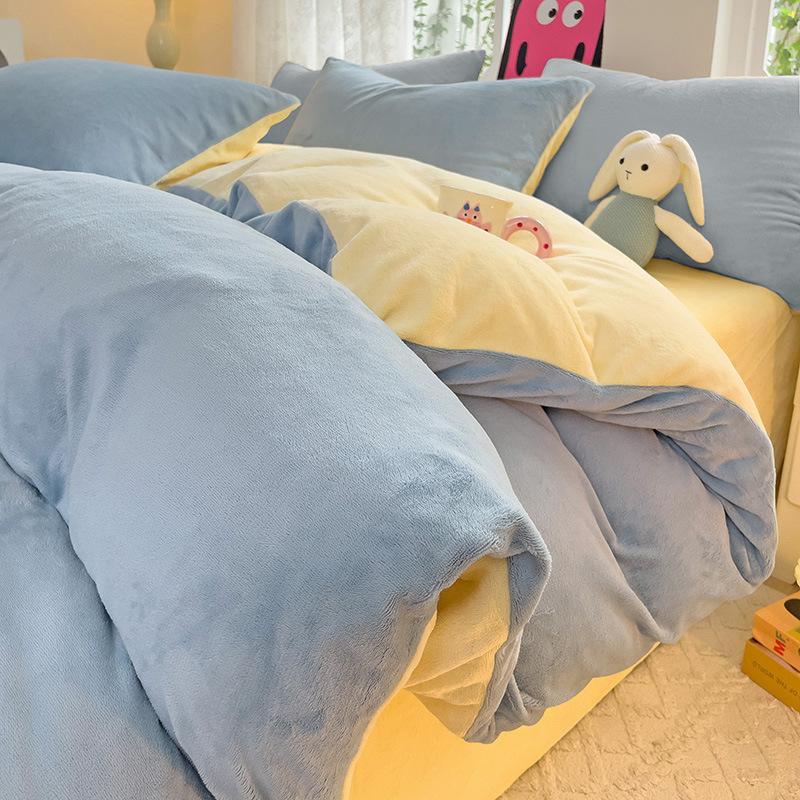 Thickened Milk Fleece Four-Piece Set, Milk Fleece Coral Fleece Bed Sheet Quilt Cover Double-Sided Flannel Bed Three-Piece Set