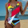 Sommer Sexy Künstlerischer Farbkontrast Stil Gedruckter Einteiler Badeanzug Schlanke Passform, Tiefes U-Rücken Design, Strand Pool Urlaub Auffälliger Mode Badeanzug