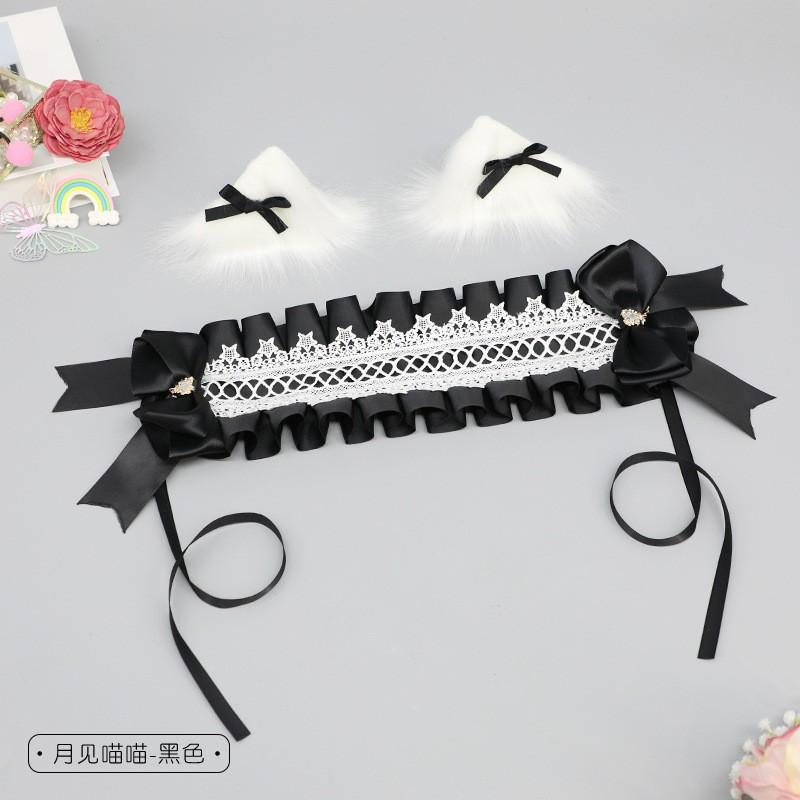 Sweet Lolita Hair Accessory Set: Handmade Bow Clips Cat Ear Headband Wide Ribbon Hairband Anime Cosplay