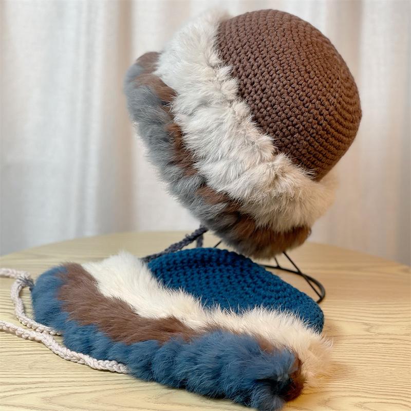 Women's Hand-Knitted Colorful Plush Rabbit Fur Bucket Hat Warm Winter Beanie with Multi-Color Autumn & Winter Fashion Accessory, Comfortable Knit Hat
