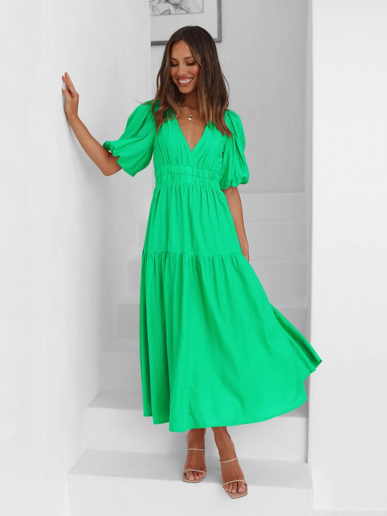 Summer Elegant Deep V Bubble Sleeve Maxi Dress With Pleated Fabric For Women