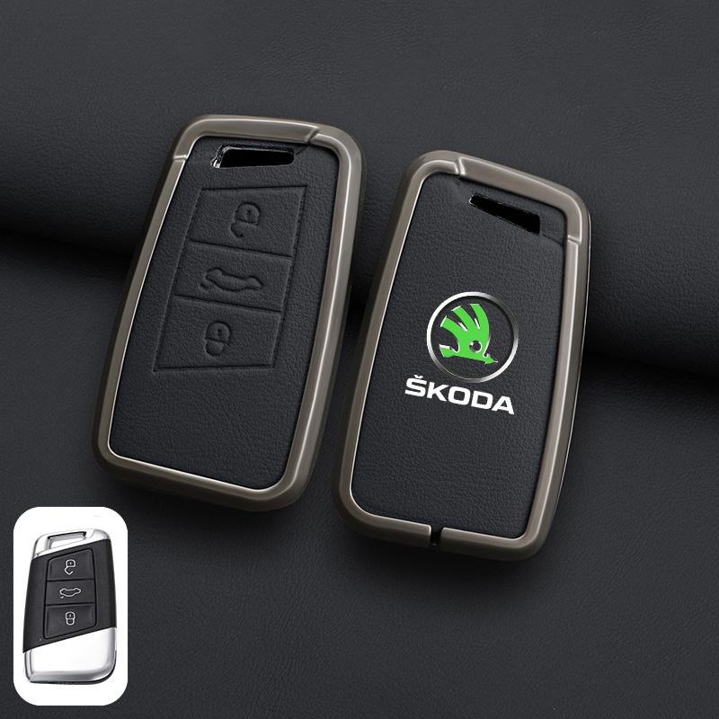 XOWS7 Zinc Alloy Leather Car Remote Key Case Cover Protector Shell Fob For Skoda Superb A7 Kodiaq Octavia A7 A8 Keychain Accessories