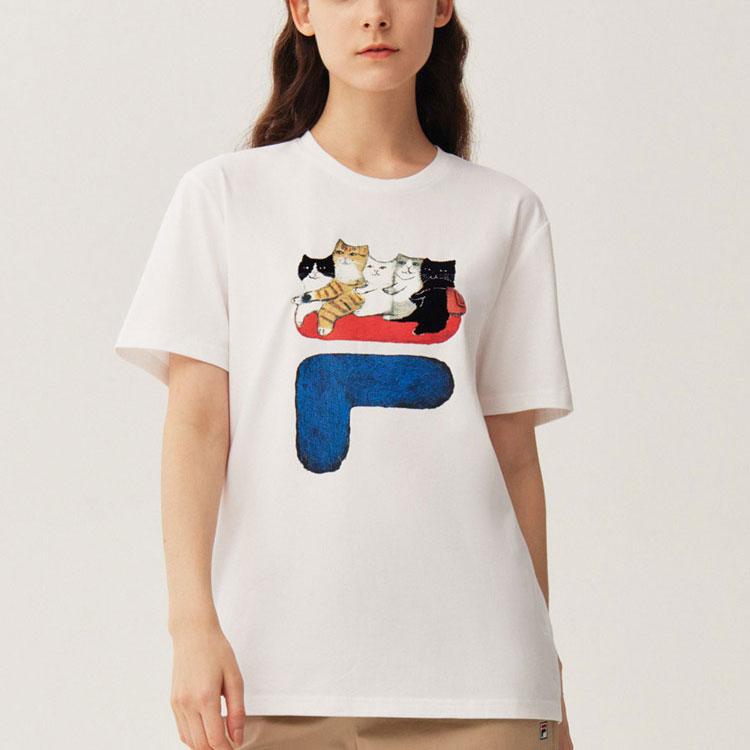 FILA X Pepe Shimada Collaboration Logo Cat Illustration American Vintage Sports Crew Neck Short Sleeve T-Shirt Men Tops White F11M123192FWT