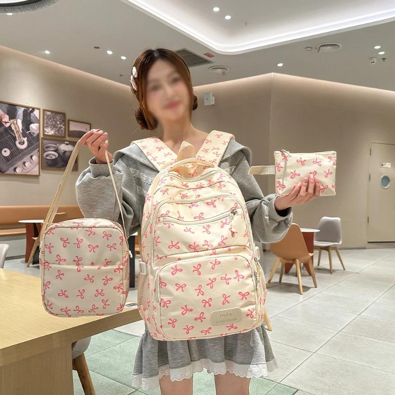 Set de Mochila de Nylon de 3 Piezas Linda Mochila Escolar con Estampado de Lazo para Niñas Mochila Grande con Bolso de Hombro Estuche para Lápices