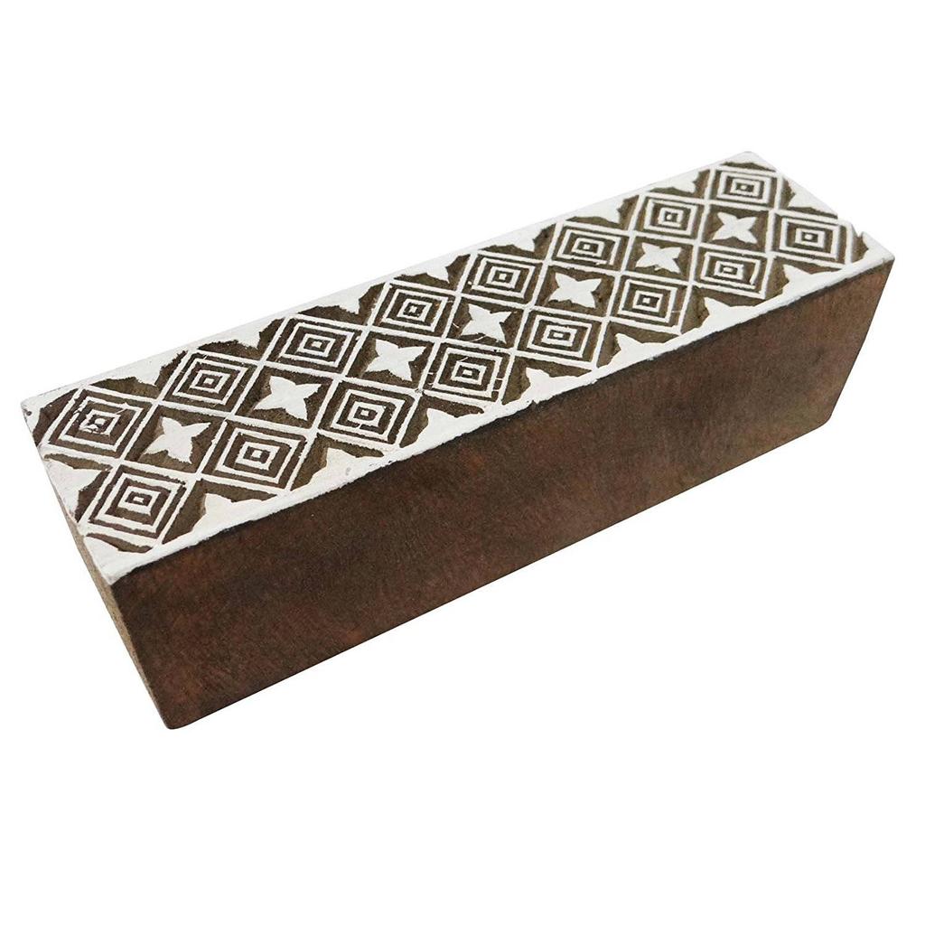 Rectangle Shape Wooden Block Hand Carved Stamp Geometrical Design Decorative