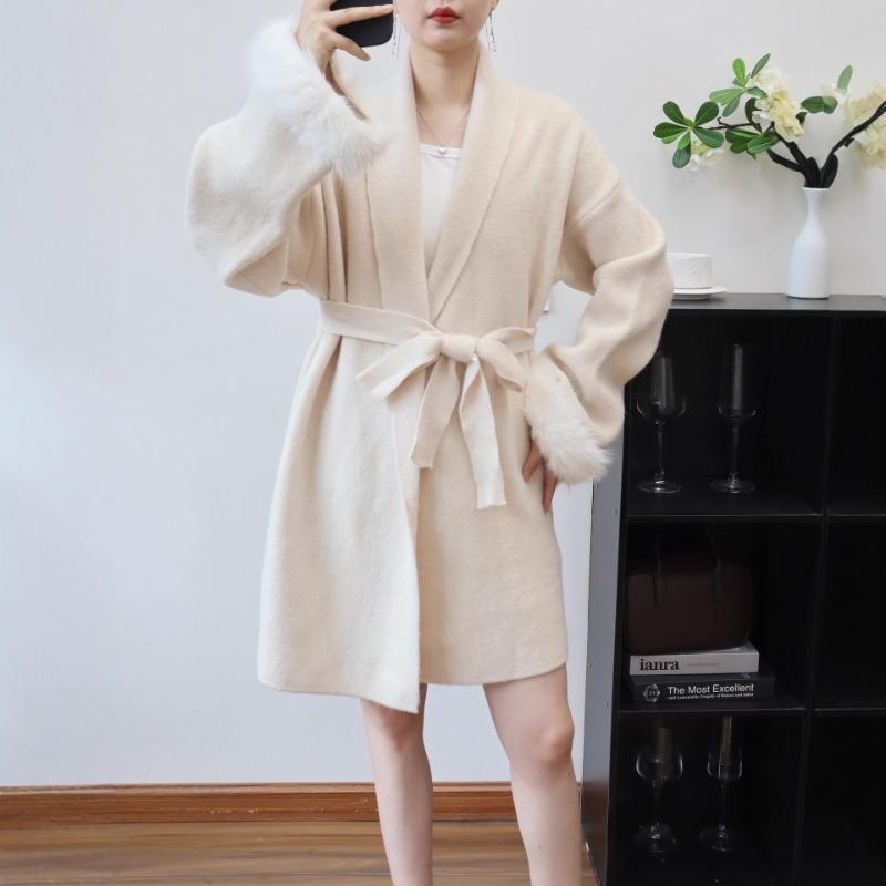 Thickened splicing wool sleeve lace-up knitted cardigan autumn and winter new temperament high-end sweater jacket women