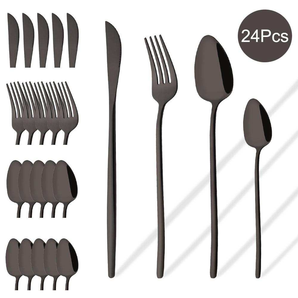 Zestaw sztućców Western 24-częściowy zestaw stołowy Naczynia ze stali nierdzewnej Czarny Srebrny Łyżka Widelec Nóż Zestaw obiadowy Sztućce domowe