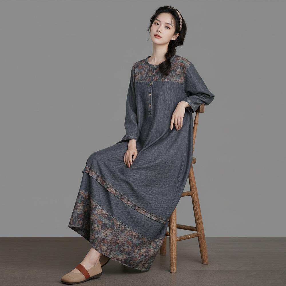 Johnature Women Vintage Dress Spring O-Neck Long Sleeve Robes Patchwork Print Floral Loose Dresses