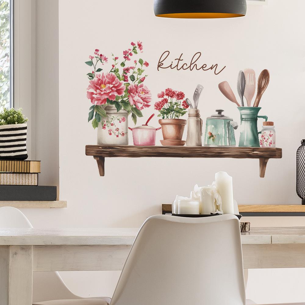 Hand-Painted Spoon and Kitchenware Wall Sticker Rustic Cottage Core Self-Adhesive Decor for Kitchen Dining Room Background