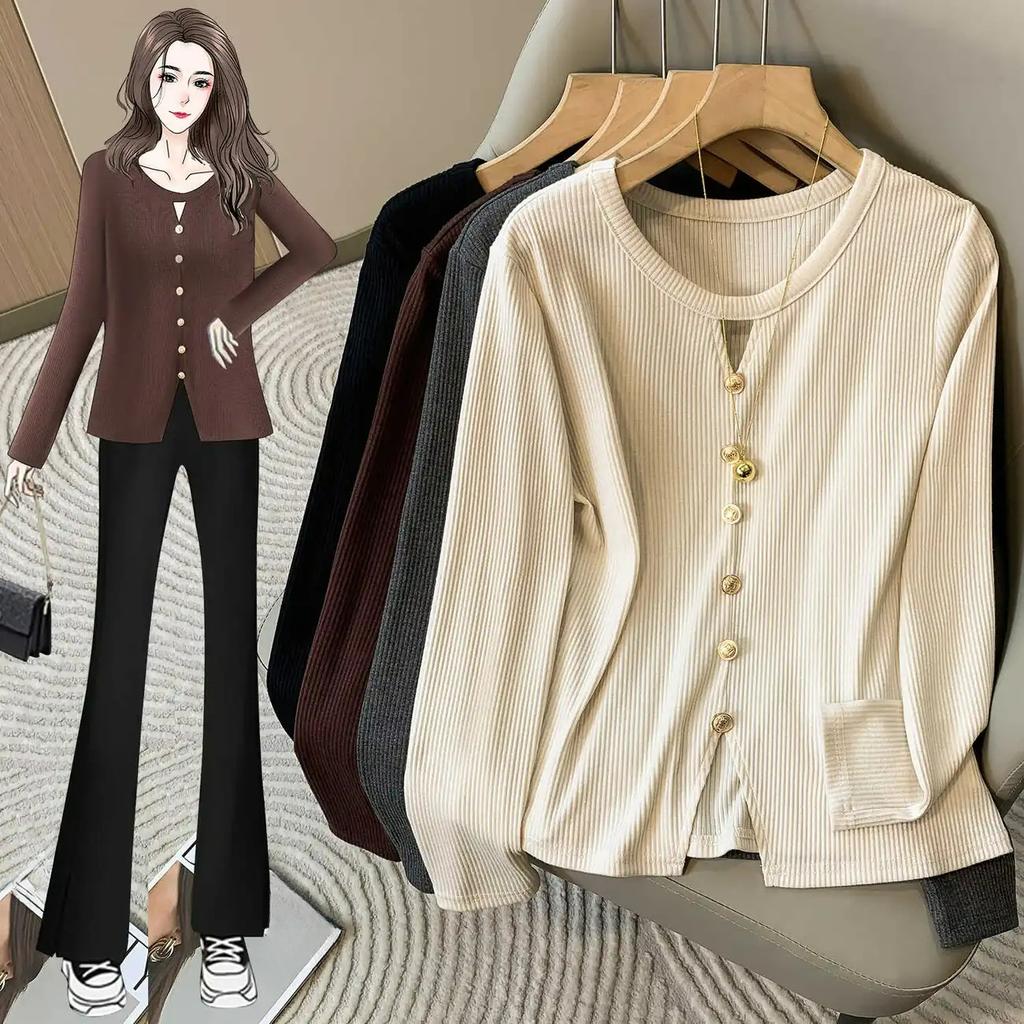 Plus Size Women's Small Fragrance Hollow Long-sleeved T-shirt Autumn Covering Meat and Slimming Top with Bottoming Shirt