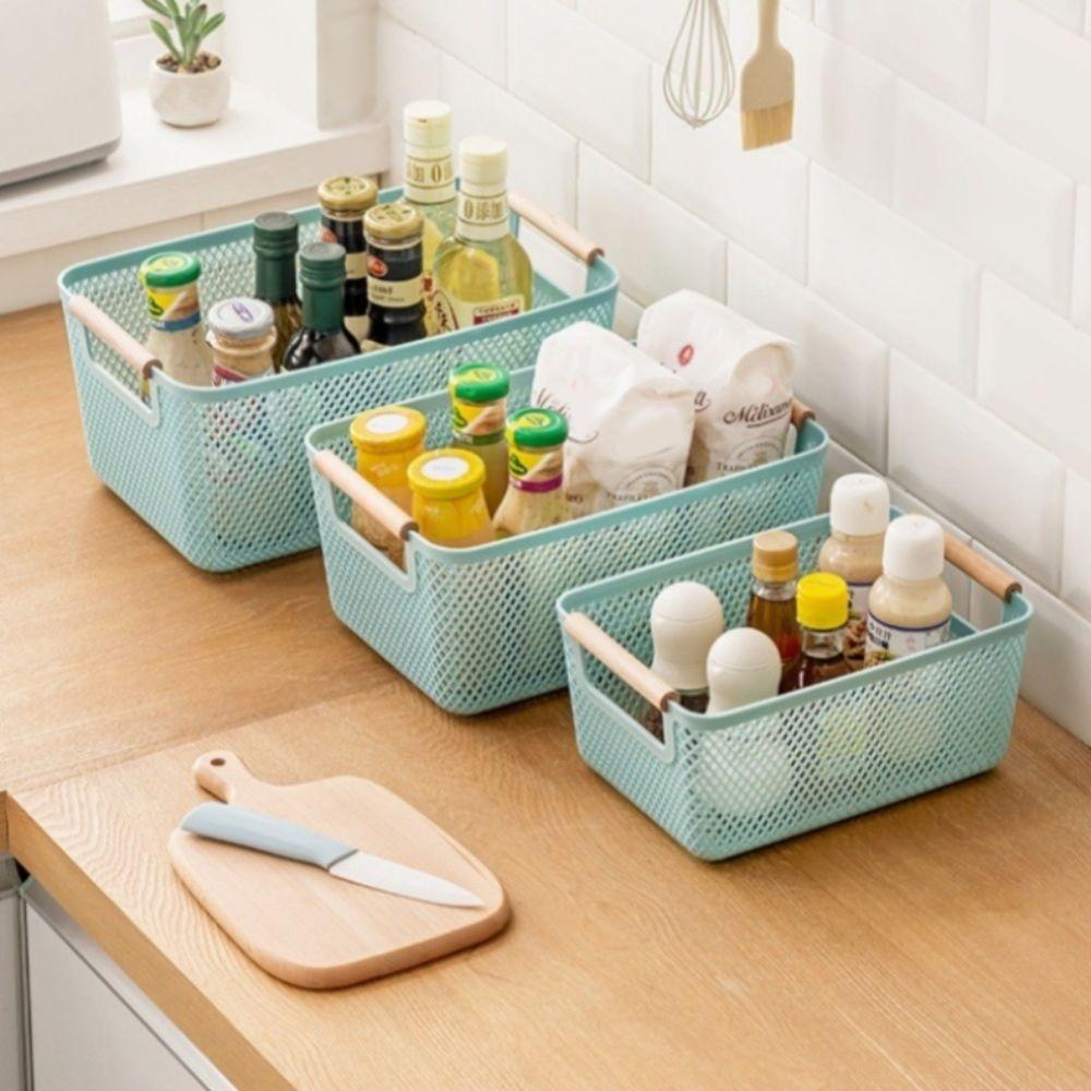 Wood Handle Sundry Storage Basket Rectangle Woven Mesh Basket Household Organizer