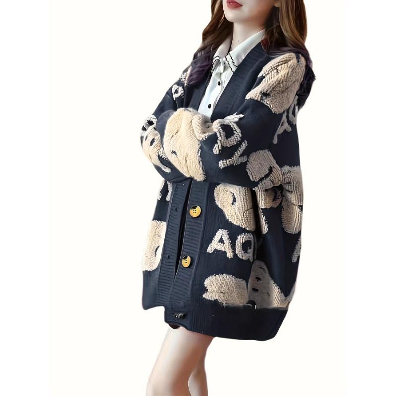 

Кардиган с V-образным вырезом и монограммой, повседневный кардиган с длинными рукавами на пуговицах, зима-осень, женский свитер M one size