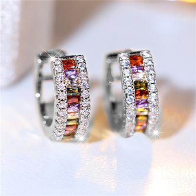Luxury Female Rainbow Zircon Stone Clip Earrings Charm Silver Color Wedding For Women