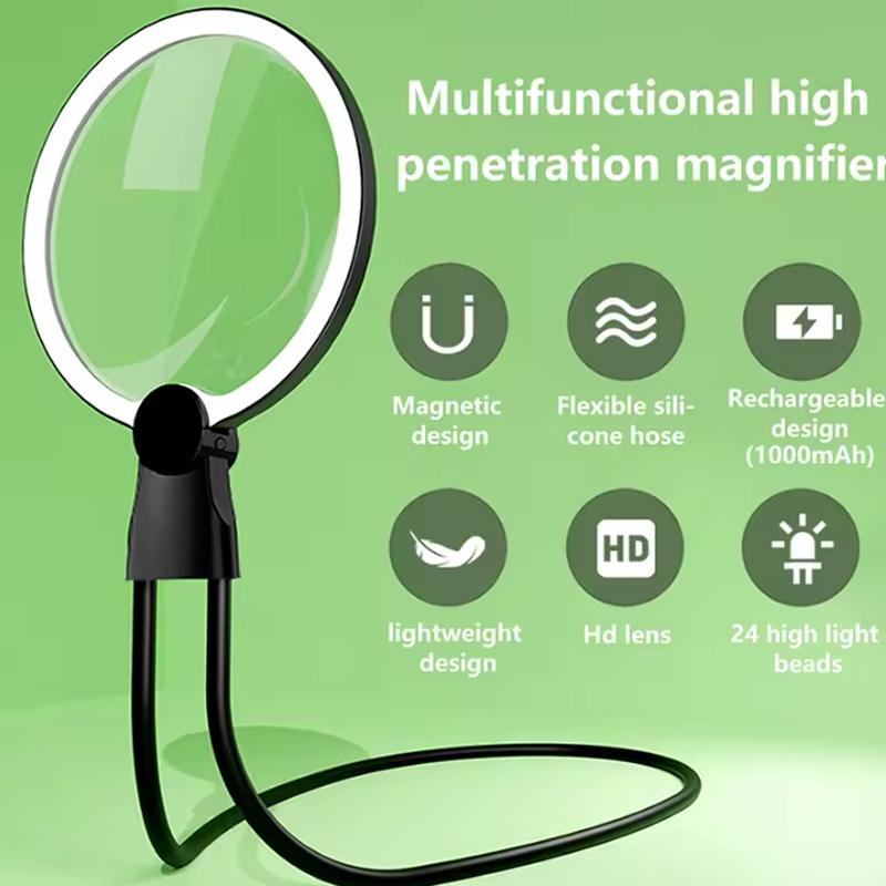 Gooseneck Flexible Magnifying Glass, Adjustable Brightness, Suitable for the Elderly, Rechargeable Magnifying Glass,light Weight