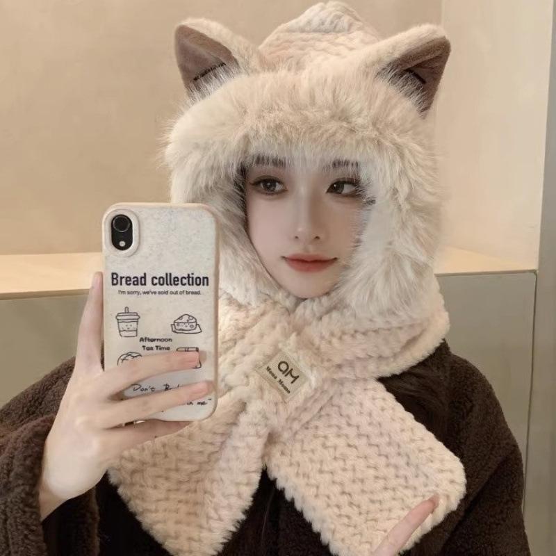 Hat female autumn and winter warm knitted wool snow hat cycling mother fashion ear protection headgear scarf integrated hat