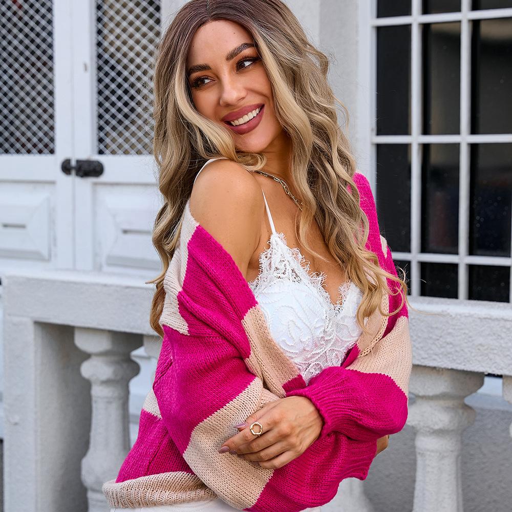 

Новый кардиган 2025 года, шерстяной, в цветовой блок, большого размера, вязаный свитер-жакет XL розы красного