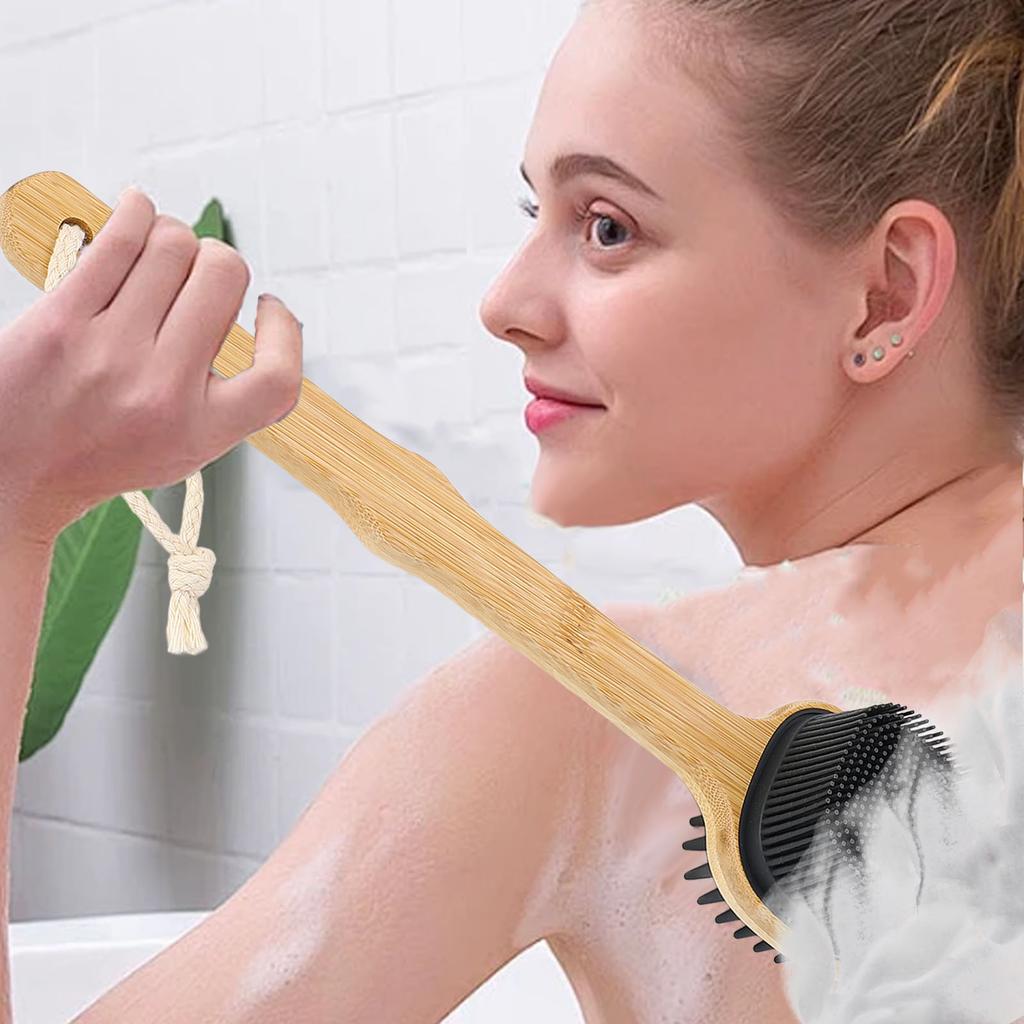 Bath Brush Double Sided Silicone Bristle Shower Brush Bamboo Wood Long Handle Back Scrubber Brush wi