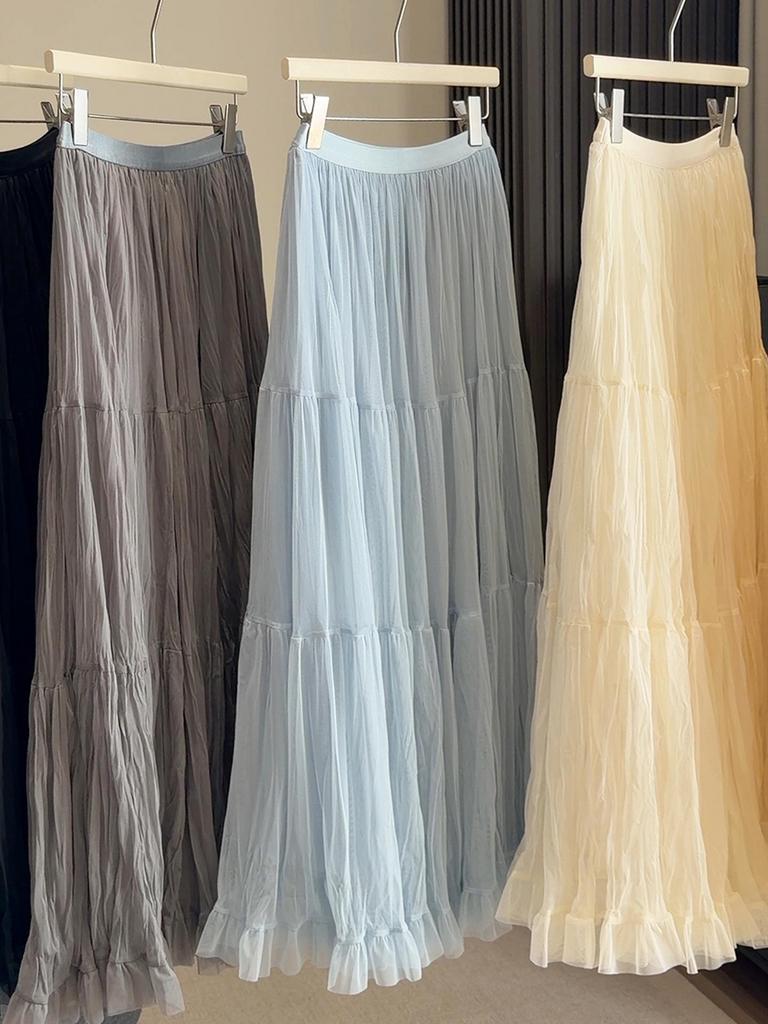 Elegant Korean Style A-line Mesh Spliced Skirt: Spring & Autumn Women's Slimming Wide Hem Design