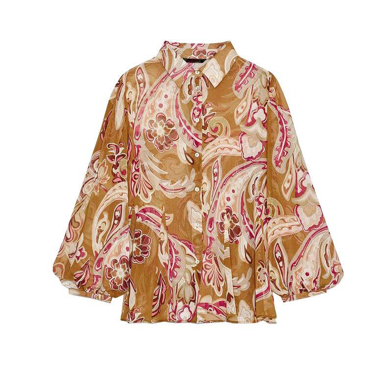 

Spring New Women s Clothing French Casual Loose Lapel Long Sleeves Translucent Print Shirt 2502126 Multicolor L