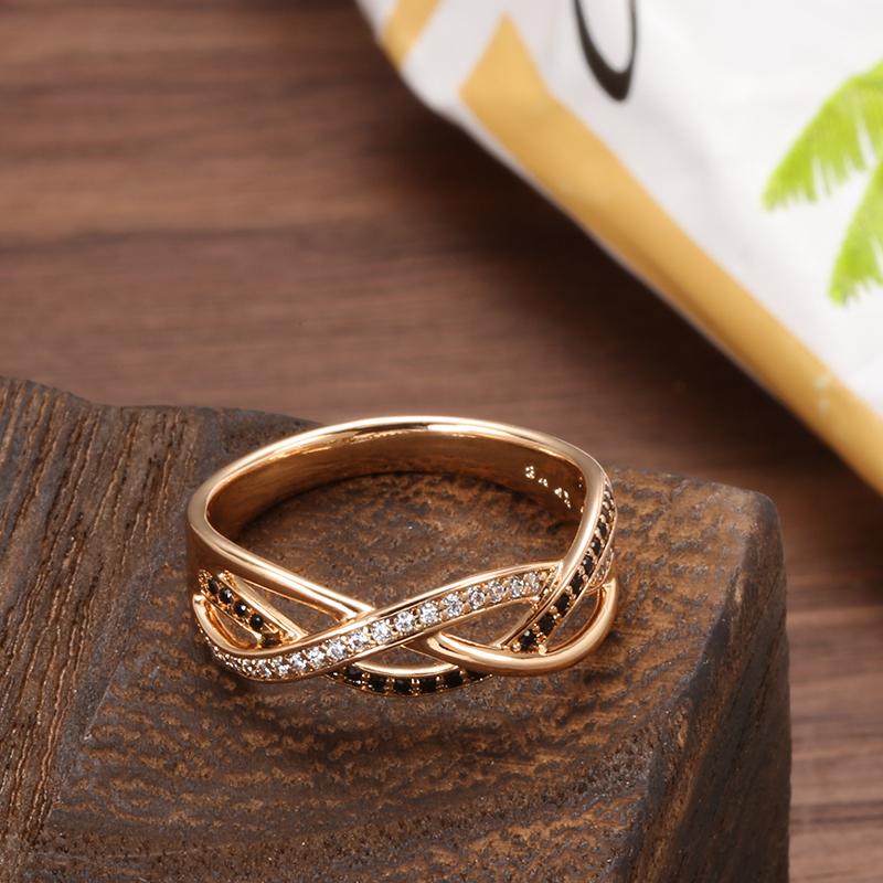 Kinel Luxury 585 Rose Gold Natural Black Zircon Ring Geometric Line Cross Wedding Rings for Women Vintage Fashion Jewelry