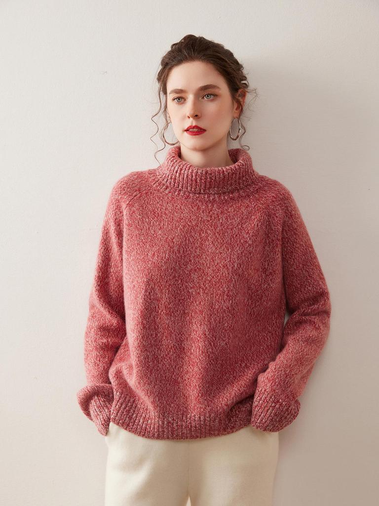 Autumn/Winter 2025 Women's Cashmere High Neck Loose Cardigan, Marled Yarn Knit, Plus Size.