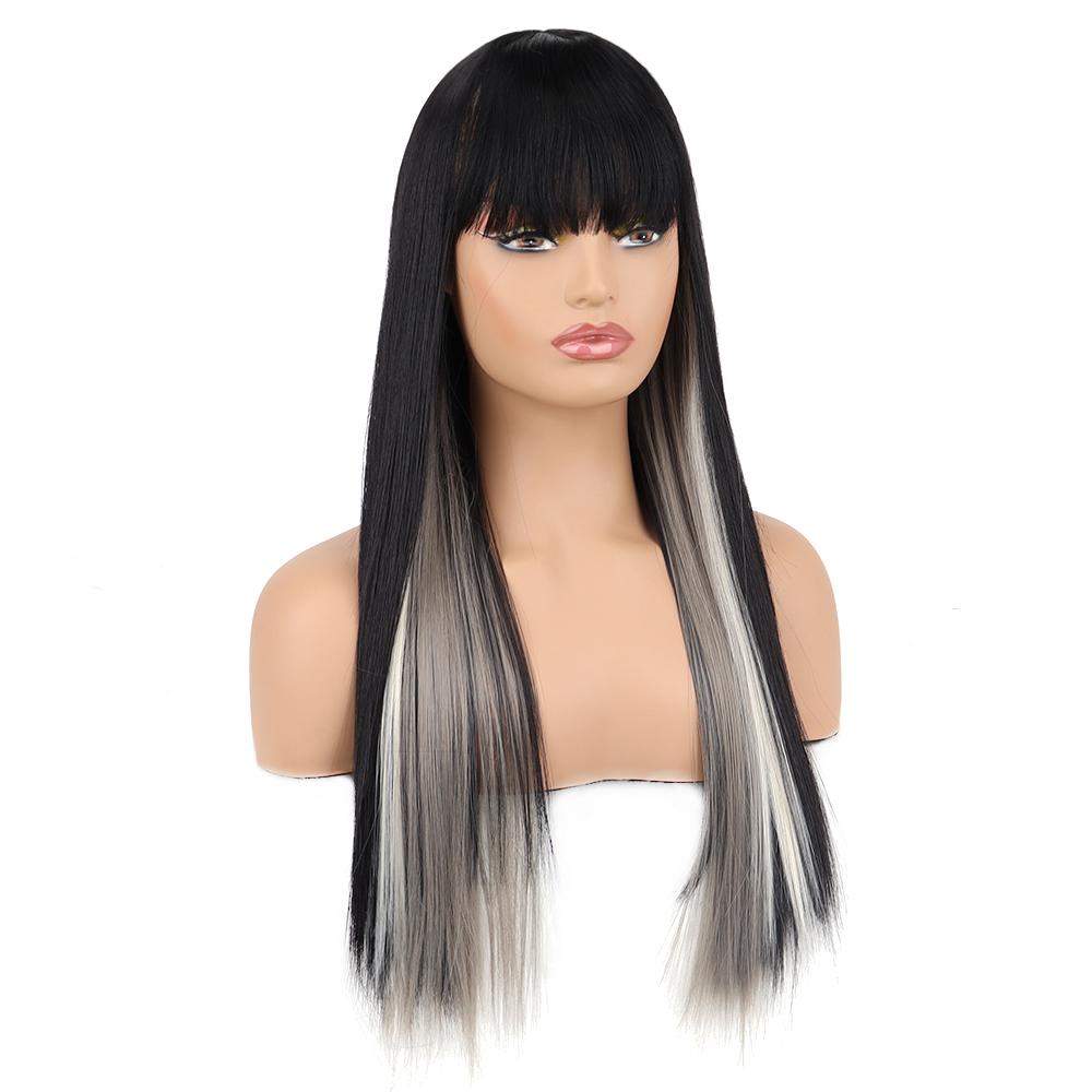 MISSQUEEN Long Black and Grey Straight Synthetic Heat Resistant Fiber Wig for Women Pink Gold Wig Cosplay Lolita Wig