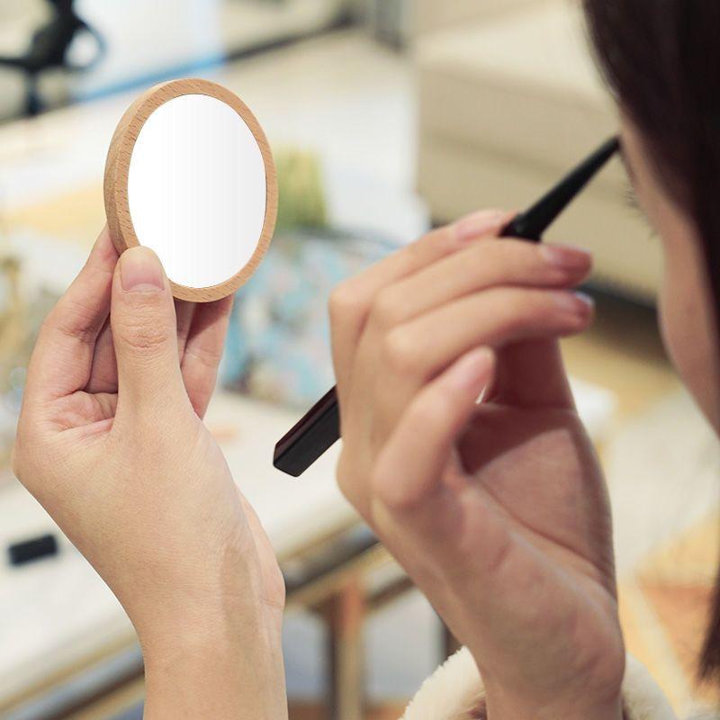 Wooden HD Handheld Mirror Portable Portable Small Mirror Slide Cover Mini and Simple Cosmetic Mirror Female Custom Creative Gift