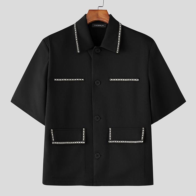 

INCERUN Мужские рубашки с лацканами, коротким рукавом, вышивкой, пэчворком, повседневные, свободные, топы XL чёрный