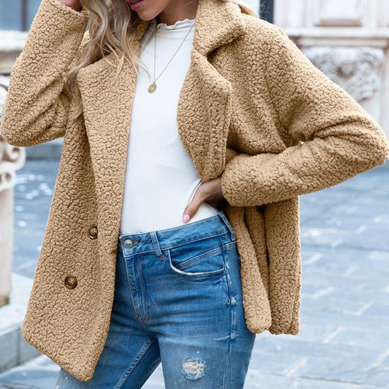 Dámský zimní kabát jednobarevný umělý fleece dlouhý rukáv knoflíky bunda svrchní oděv