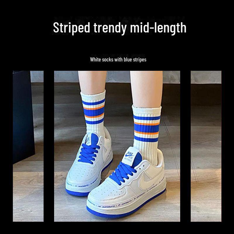 Damensocken mit mittelhohem Schaft und Streifen – trendiger koreanischer Stil für Frühling und Herbst, perfekt für Sport und Freizeit.