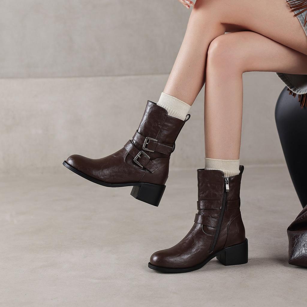 33-43 Plus Boots Coarse Heel Short Boots Women's Autumn and Winter Belt Buckle Martin Boots Boots