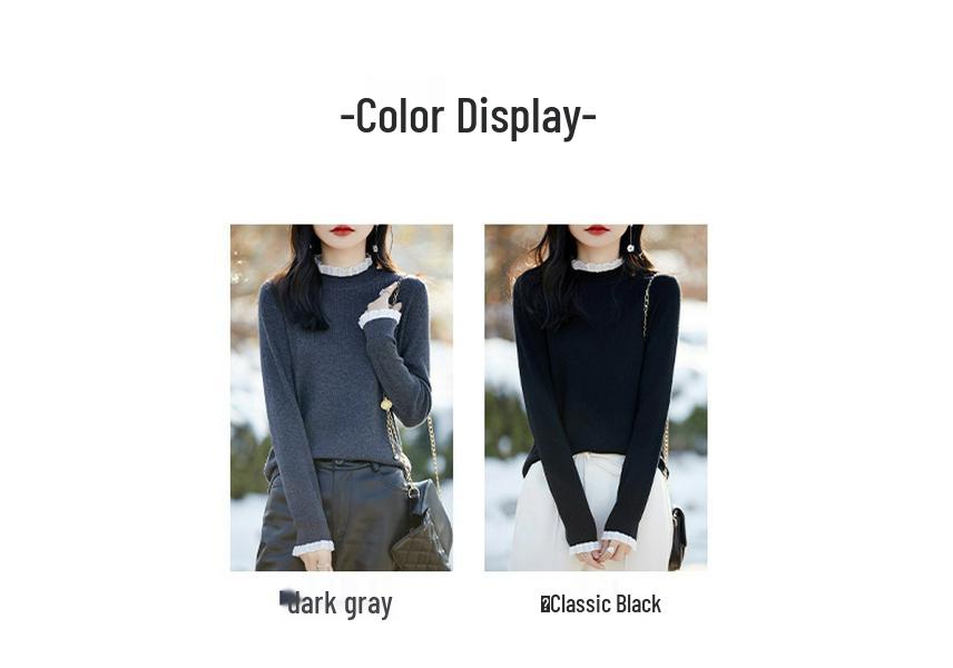 Women's Black Ruffle Lace Knit Sweater - Semi-High Neck Top for Spring/Autumn 2025