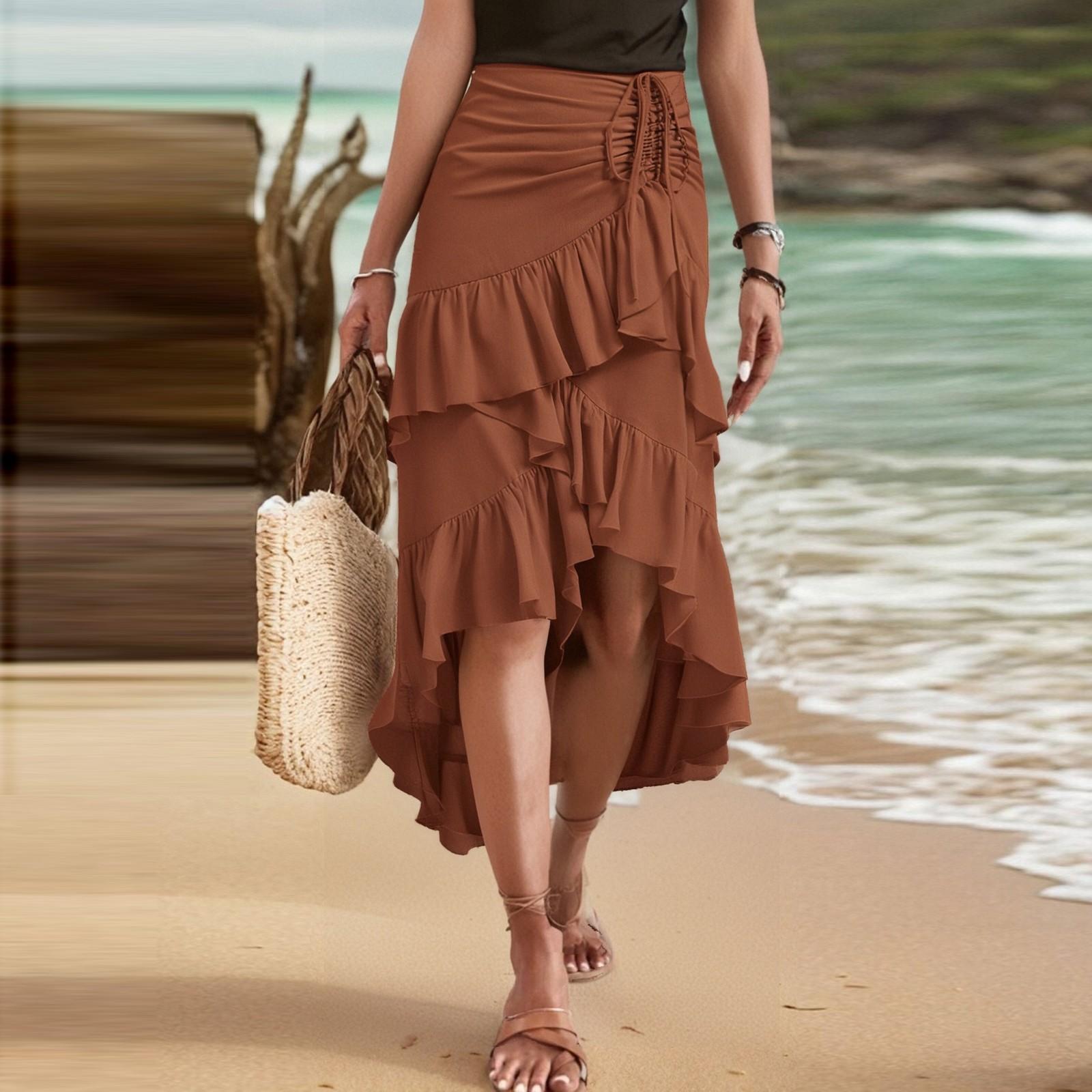 

Женская юбка макси с завязками на завышенной талии, летние длинные юбки, легкие многослойные струящиеся цветочные плиссированные юбки M коричневый