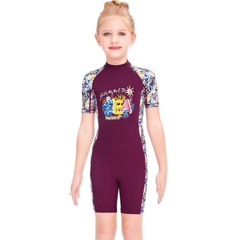 Children's Swimming Clothes Girls Sunscreen Quick-drying One-piece Short-sleeved Swimsuit Children Baby Hot