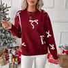 Womens Sweet Knit Sweater With Bow Detail Acrylic Blend Loose Fit Long Sleeve Top Winter