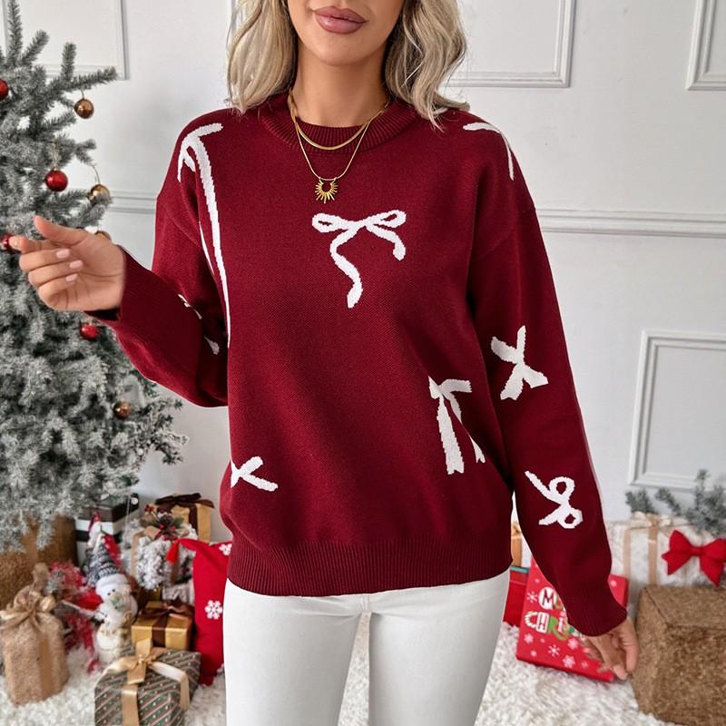 Womens Sweet Knit Sweater With Bow Detail Acrylic Blend Loose Fit Long Sleeve Top Winter
