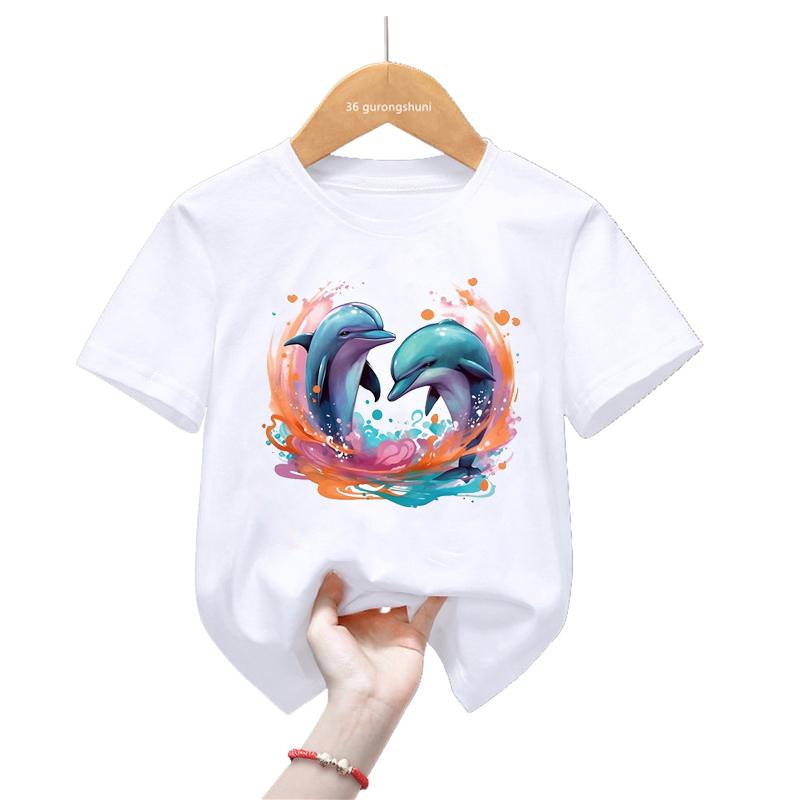 Watercolor Dolphin Love Printed Tshirt Girls/Boys Harajuku Kawaii Kids Clothes Summer Fashion Short Sleeve T-Shirt