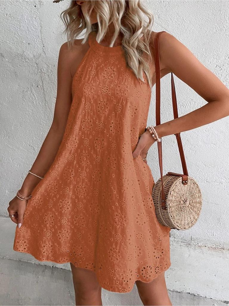 O Neck Lace Dress Solid Color Sleeveless Button Dresses Women Halter Causal Dress