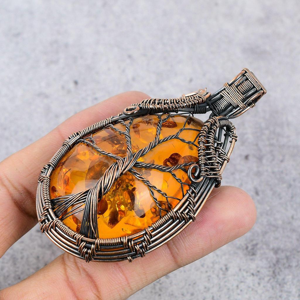 Tree Of Life Baltic Amber Pendant, 999 Copper Wire Wrapped Gemstone Jewelry, Handmade Pendant For Mother Day