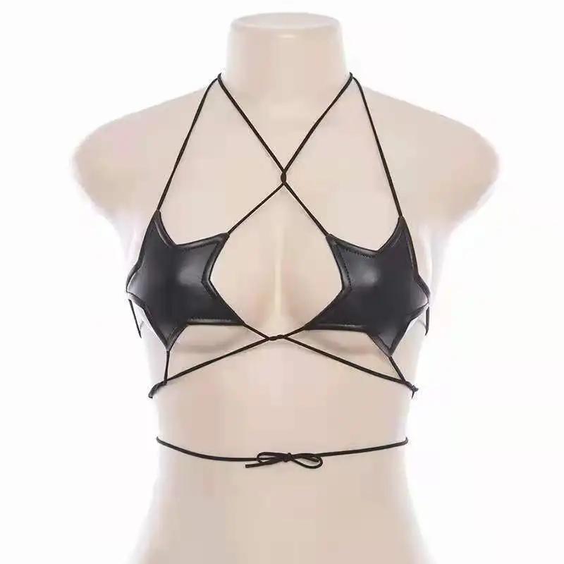 Sexy Women Leather Star Shape Strappy Bra Bustier Crop Top Bralette Hanging Neck Bandage Bra Reflective Silver Nightclub Vest
