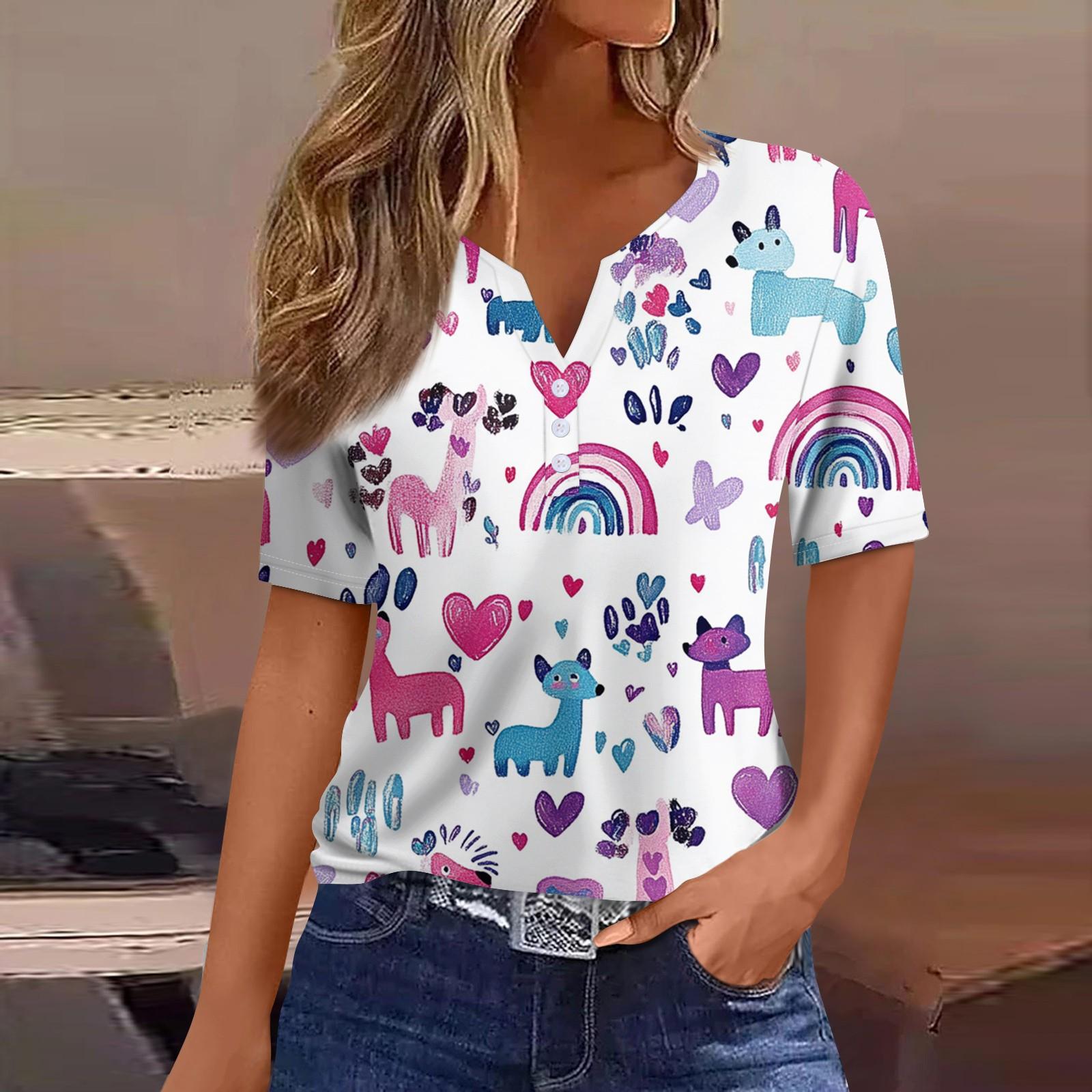 

Жен. Футболка Футболка С принтом Пуговицы С короткими рукавами Повседневные Выходные Мода Классический V-образный вырез Обычный Верх XL белый