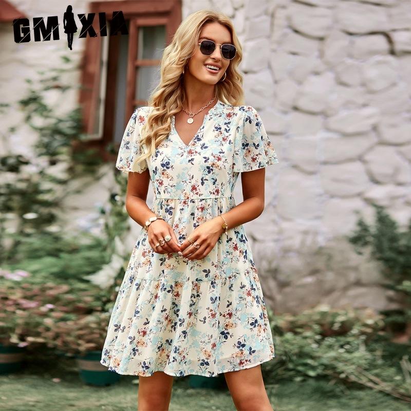 GMXIA Women's Fashion Summer Spring Short Sleeve V-Neck Casual Dresses