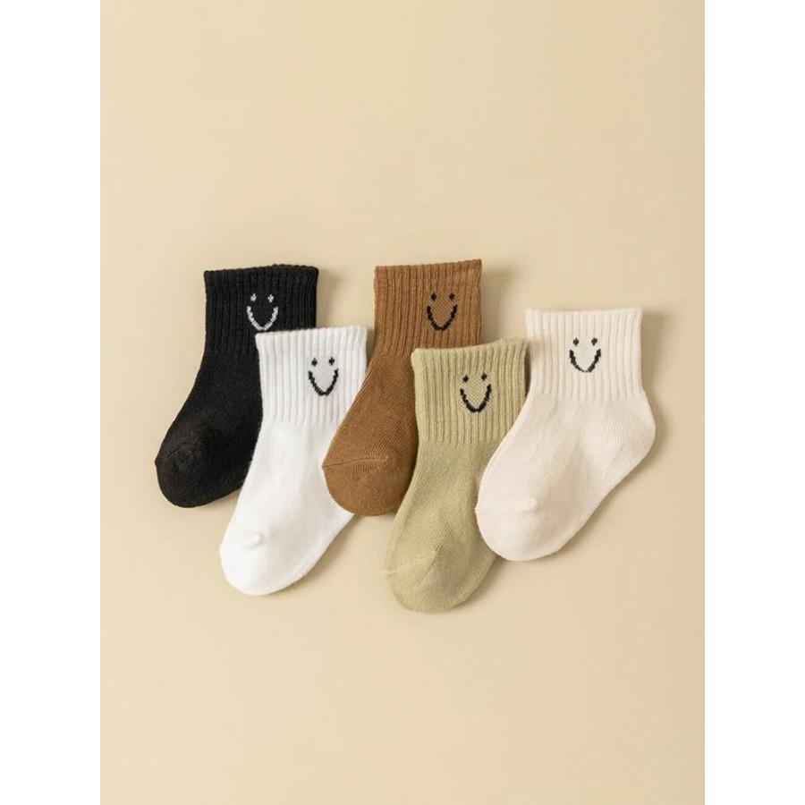 5 Pairs Baby Cartoon Pattern And Solid Color Socks