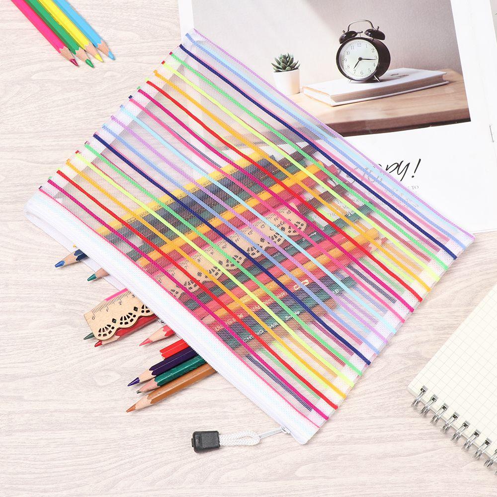 Solid Color Cosmetic Makeup Stationery Nylon Grid Zipper Pencil Case Cosmetic Storage Mesh Pen Bag