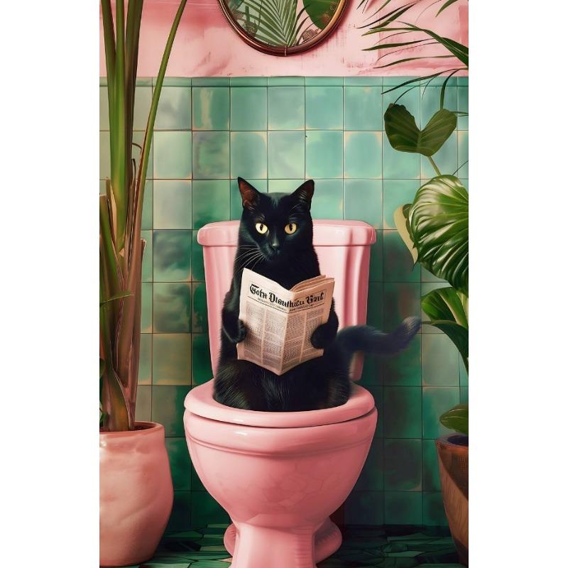 Trendy Bathroom Cat Pooping Reading In The Toilet Animal Canvas Painting Wall Art Print Bathroom Home WC Decor