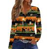 Women's Fashion Casual Halloween Printed V-Neck Button Trim Long Sleeve T-Shirt Top