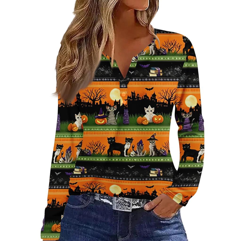 Women's Fashion Casual Halloween Printed V-Neck Button Trim Long Sleeve T-Shirt Top