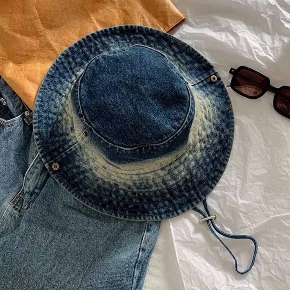 Water-washed tie-dye Vintage Washed Denim Hat Wide Brim Drawstring Adjustable Western Cowboy Hats Windproof Sunscreen темно-синий