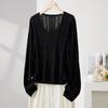 Women's V-Neck Diamond Twist Knit Sweater with Silk