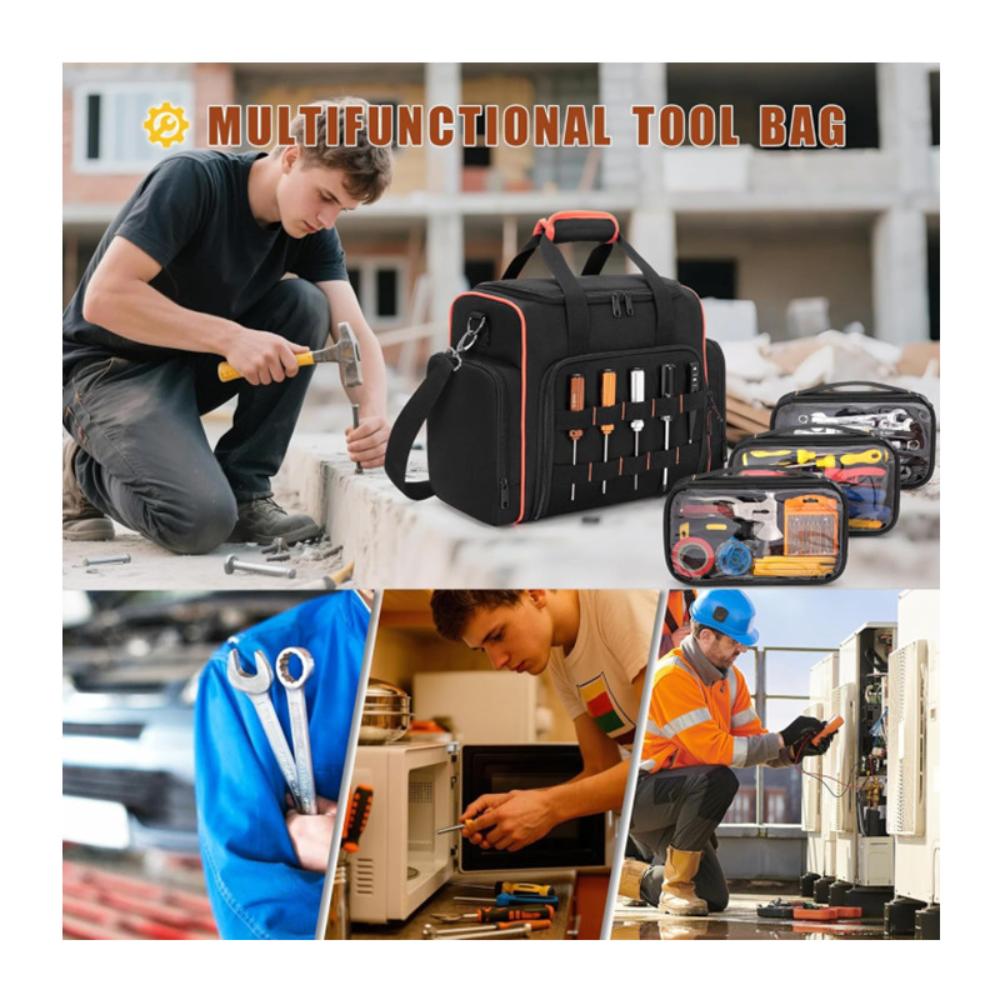 Thick Durable Oxford Electrician Tool Bag With Multi Pockets, Hand & Crossbody Carry For Wiring, Plumbing And Construction Site Hardware Tools Storage